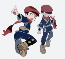 Rule 34 | 1boy, :o, black hair, black shirt, blue jacket, blue pants, brown footwear, clenched hand, commentary request, creatures (company), game freak, hand up, hat, jacket, looking down, male focus, milkpeachi, multiple views, nintendo, open mouth, pants, pointing, pokemon, pokemon legends: arceus, red hat, red scarf, rei (pokemon), scarf, shirt, shoes, short hair, stitches, white background