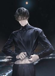 Rule 34 | 1boy, beach, closed eyes, dark background, eggpongg, expressionless, highres, korean commentary, long sleeves, male focus, moon, night, ocean, original, shore, short hair, solo, turtleneck, wet, wet clothes, wringing clothes