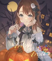 Rule 34 | 1girl, bat (animal), black eyes, brown hair, buttons, candy, commentary, dated, dot nose, food, full moon, ghost hair ornament, halloween, hanasato minori, hand on own face, hands up, highres, holding, holding candy, holding food, holding lollipop, jack-o&#039;-lantern, lollipop, long hair, long sleeves, moon, nasubi (nasubi 777777), off shoulder, project sekai, solo, tongue, tongue out