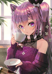 Rule 34 | 1girl, :o, bare shoulders, black ribbon, blush, bow, braid, braided bangs, cable knit, casual, cone hair bun, cup, double bun, genshin impact, hair bow, hair bun, hair ornament, hair ribbon, holding, holding cup, holding plate, indoors, keqing (genshin impact), keqing (lantern rite) (genshin impact), long hair, long sleeves, looking at viewer, off-shoulder sweater, off shoulder, official alternate costume, parted lips, plate, purple eyes, purple hair, ribbon, scarf, sidelocks, signature, solo, sweater, twintails, upper body, white bow, window, yamahara