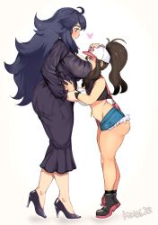 Rule 34 | 2girls, artist name, ass, bag, bare shoulders, baseball cap, blush, breast smother, breasts, brown hair, commission, creatures (company), denim, denim shorts, dress, face to breasts, from side, full body, game freak, hand on another&#039;s head, hat, heart, hex maniac (pokemon), high heels, highres, hilda (pokemon), holding another&#039;s wrist, huge ass, keigi, large breasts, long hair, looking at another, multiple girls, nintendo, pokemon, pokemon bw, pokemon xy, ponytail, purple dress, purple hair, short shorts, shorts, simple background, taut clothes, taut dress, thick thighs, thighs, vest, waist grab, white background, yuri