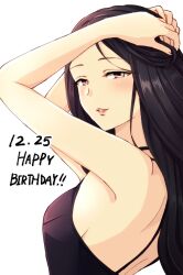 Rule 34 | 1girl, back, black choker, black hair, blush, breasts, brown eyes, choker, dress, from side, hands on own head, happy birthday, highres, hiiragi shino, idolmaster, idolmaster cinderella girls, idolmaster cinderella girls starlight stage, large breasts, long hair, looking at viewer, parted lips, popon ta, sideboob, simple background, sleeveless, sleeveless dress, smile, solo, white background