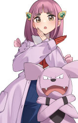 Rule 34 | 1girl, :o, absurdres, arched bangs, blue pants, brown eyes, coat, commentary request, creatures (company), crossed wrists, eyelashes, game freak, gen 2 pokemon, gloves, granbull, hair ornament, hairclip, highres, korean commentary, lacey (pokemon), long sleeves, looking at viewer, neckerchief, nintendo, open clothes, open coat, open mouth, pants, pokemon, pokemon (creature), pokemon sv, purple hair, red gloves, red neckerchief, shirt, sidelocks, simple background, single glove, white background, white shirt, ziro (zirorong)