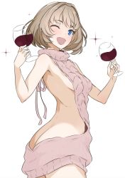 Rule 34 | 10s, 1girl, ;d, alcohol, ass, backless dress, backless outfit, bare back, bare shoulders, blue eyes, blush, breasts, brown hair, butt crack, cowboy shot, cup, dress, drinking glass, highres, idolmaster, idolmaster cinderella girls, looking at viewer, looking back, meme attire, mole, mole under eye, naked sweater, nylon (nylon 100%), one eye closed, open mouth, short hair, sideboob, simple background, small breasts, smile, solo, sparkle, sweater, sweater dress, takagaki kaede, virgin killer sweater, white background, wine, wine glass