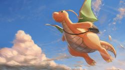 Rule 34 | bag, closed mouth, cloud, commentary request, creatures (company), day, dragonite, flying, game freak, gen 1 pokemon, green eyes, highres, nintendo, no humans, outdoors, pokemon, pokemon (creature), shoulder bag, sky, smile, solo, spareribs