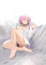 Rule 34 | absurdres, barefoot, bed sheet, black panties, breasts, cleavage, fate/grand order, fate (series), feet, hair over one eye, highres, light purple hair, looking at viewer, mash kyrielight, no bra, oversized clothes, oversized shirt, panties, pantyshot, purple eyes, purple hair, shirt, short hair, sitting, smile, steeb, underwear, white shirt