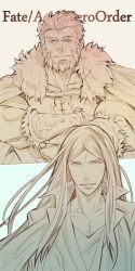 Rule 34 | 2boys, 6 (brm6), armor, beard, breastplate, collarbone, crossed arms, english text, facial hair, fate/grand order, fate (series), highres, iskandar (fate), large pectorals, leather, long hair, lord el-melloi ii, male focus, mature male, monochrome, multiple boys, muscular, muscular male, pectoral cleavage, pectorals, red eyes, red hair, short hair, upper body, waver velvet