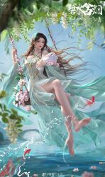 Rule 34 | 1girl, absurdres, anklet, bare legs, bare shoulders, bird, blue sky, brown hair, closed mouth, doupo cangqiong, dress, earrings, facial mark, fish, flower, flying fish, forehead mark, fupo alian, gu xun er (doupo cangqiong), hair ornament, highres, holding animal, holding rabbit, jewelry, leg up, long hair, rabbit, realistic, sitting, sky, solo, splashing, swing set, tree, water, white dress