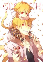 Rule 34 | 2boys, animal ears, blonde hair, carrying, cat boy, cat ears, cat tail, character name, child, child gilgamesh (fate), coin, dual persona, fang, fate/hollow ataraxia, fate/stay night, fate (series), food, fork, gilgamesh (fate), ice cream, kemonomimi mode, male focus, mayer, multiple boys, aged up, on head, parfait, person on head, piggyback, red eyes, short hair, shoulder carry, slit pupils, smile, sundae, tail, white background, aged down