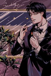 Rule 34 | 1boy, artist name, black bow, black bowtie, black eyes, black hair, black jacket, bow, bowtie, cigarette, collared shirt, commentary request, dated, expressionless, formal, highres, holding, holding lighter, indoors, jacket, kaiji, lighter, long sleeves, looking at viewer, male focus, medium bangs, murakami tamotsu, open mouth, plant, potted plant, shirt, short hair, smoking, solo, suit, unknown03162, upper body, white shirt