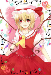 Rule 34 | 1girl, ascot, blonde hair, collarbone, flandre scarlet, flower, gradient background, hat, hat ribbon, highres, looking at viewer, mob cap, okayu (tokamak1213), open mouth, puffy short sleeves, puffy sleeves, red eyes, ribbon, rose, short hair, short sleeves, side ponytail, simple background, skirt, skirt set, solo, touhou, wings