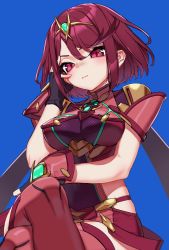 Rule 34 | 1girl, black gloves, breasts, chest jewel, crossed legs, earrings, fingerless gloves, gloves, highres, jewelry, large breasts, pyra (xenoblade), red eyes, red hair, red shorts, red thighhighs, short hair, short shorts, shorts, swept bangs, thighhighs, thupoppo, tiara, xenoblade chronicles (series), xenoblade chronicles 2