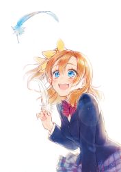 Rule 34 | 1girl, :d, blazer, blue eyes, blue feathers, blue jacket, blue skirt, bow, bowtie, commentary request, feathers, hair bow, highres, holding, holding feather, jacket, kosaka honoka, long sleeves, looking up, love live!, love live! school idol project, medium hair, one side up, open mouth, orange hair, otonokizaka school uniform, pleated skirt, school uniform, simple background, skirt, smile, solo, striped bow, striped bowtie, striped clothes, striped neckwear, sudach koppe, teeth, upper teeth only, white background, white feathers, yellow bow