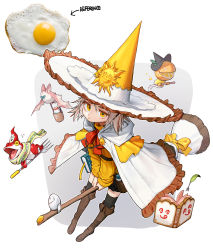 Rule 34 | 1girl, bat (animal), black socks, blonde hair, book, boots, bottle, bow, broom, brown footwear, cape, creature, drinking straw, egg (food), expressionless, food, fork, fried egg, frilled cape, hat, highres, hood, hood down, leaf, long sleeves, looking at viewer, original, personification, ribbon, rinotuna, shirt, short hair, socks, solo, white cape, witch hat, yellow bow, yellow eyes, yellow ribbon, yellow shirt