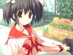 Rule 34 | 00s, 1girl, blouse, bow, bowtie, brown eyes, brown hair, game cg, mitsumi misato, outdoors, red bow, red bowtie, school uniform, serafuku, shirt, solo, to heart (series), to heart 2, twintails, white shirt, yuzuhara konomi