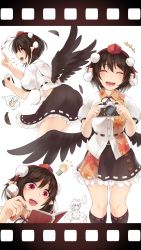 Rule 34 | +++, ..., 2girls, ;d, animal ear fluff, animal ears, belt, bird wings, black skirt, black wings, blush, brown hair, buckle, buttons, camera, closed mouth, collared shirt, commentary request, eyelashes, feathered wings, feathers, frilled skirt, frills, from side, happy, hat, highres, holding, holding camera, holding pen, holding sword, holding weapon, index finger raised, inubashiri momiji, kagami toufu, knees, leaf print, leaf print, light bulb, multiple girls, multiple views, notebook, one eye closed, open mouth, pen, planted, planted sword, planted weapon, pointy ears, pom pom (clothes), puffy short sleeves, puffy sleeves, red button, red eyes, red headwear, ribbon-trimmed legwear, ribbon-trimmed skirt, ribbon trim, shameimaru aya, shirt, short hair, short sleeves, simple background, skirt, smile, socks, standing, sword, tail, teeth, tokin hat, tongue, touhou, upper teeth only, v, weapon, white background, wing collar, wings, wolf ears, wolf tail