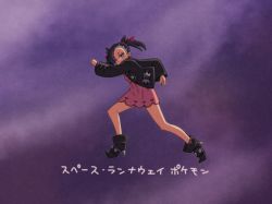 Rule 34 | 1girl, ankle boots, asymmetrical bangs, bad id, bad pixiv id, black footwear, black hair, black jacket, boots, commentary request, creatures (company), dress, full body, game freak, green eyes, hair ribbon, hand up, hiva+, jacket, legs apart, long sleeves, looking back, marnie (pokemon), nintendo, open clothes, open jacket, pink dress, pokemon, pokemon swsh, purple background, red ribbon, ribbon, solo, standing, translation request