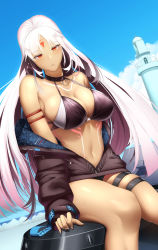 Rule 34 | 1girl, arm strap, azur lane, bad id, bad pixiv id, bikini, bikini top only, blue sky, bodypaint, breasts, choker, cleavage, collarbone, dark skin, dark-skinned female, day, facepaint, gradient hair, highres, jacket, large breasts, lighthouse, long hair, looking at viewer, massachusetts (azur lane), midriff, multicolored hair, native american, navel, pairleaf, red eyes, sitting, skindentation, sky, solo, strap, swimsuit, thigh strap, very long hair, white hair