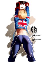Rule 34 | 1girl, antenna hair, arms up, ass, back, blonde hair, blue shirt, breasts, cammy white, clothing cutout, commentary, crop top, english commentary, fingerless gloves, gloves, highres, large breasts, leg cutout, long sleeves, own hands together, shirt, short hair, solo, street fighter, street fighter 6, thighs, twitter logo, twitter username, union jack, white background, zasshu