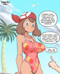 Rule 34 | 1boy, 1girl, absurdres, bandana, bare shoulders, blue eyes, blue sky, blush, breasts, brown hair, cameltoe, cleavage, cleft of venus, closed mouth, cloud, collarbone, covered erect nipples, covered navel, cowboy shot, creatures (company), day, game freak, highres, immortalstar, large breasts, long hair, may (pokemon), nintendo, one-piece swimsuit, outdoors, palm tree, pokemon, pokemon (anime), pokemon rs019, pokemon rse (anime), sky, speech bubble, standing, swimsuit, text focus, tree
