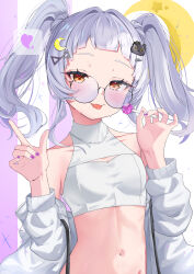 Rule 34 | 1girl, absurdres, alternate costume, bare shoulders, breasts, candy, cat hair ornament, crescent, crescent hair ornament, cropped shirt, finger gun, food, glasses, grey hair, hair ornament, hands up, highres, holding, holding candy, holding food, holding lollipop, hololive, jacket, jacket partially removed, jewelry, lollipop, long hair, long sleeves, looking at viewer, midriff, murasaki shion, necklace, open clothes, open jacket, orange eyes, pearl necklace, purple nails, round eyewear, shirt, small breasts, solo, tongue, tongue out, twintails, upper body, virtual youtuber, white shirt, youyoukai