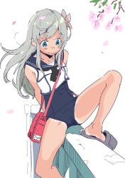 Rule 34 | 1girl, bag, blue eyes, blue sailor collar, blush, branch, cherry blossoms, closed mouth, flower, grey hair, hair flower, hair ornament, highres, jinkai yamizawa, kantai collection, long hair, one-piece swimsuit, one-piece tan, petals, pink flower, railing, ro-500 (kancolle), sailor collar, simple background, slippers, smile, solo, swimsuit, swimsuit under clothes, tan, tanline, white background