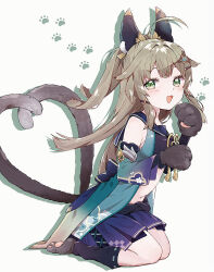 Rule 34 | 1girl, :d, ahoge, animal ear fluff, animal ears, animal hands, armpit crease, blue sailor collar, blue skirt, blush, brown hair, cat ears, cat girl, cat tail, crop top, detached sleeves, from side, full body, genshin impact, gloves, green eyes, hair ornament, highres, kirara (genshin impact), leg warmers, long hair, long sleeves, looking at viewer, manatsuki manata, multiple tails, navel, open mouth, paw gloves, paw print, paw shoes, pleated skirt, sailor collar, shadow, sidelocks, simple background, sitting, skirt, smile, solo, star (symbol), star hair ornament, stomach, tail, two side up, two tails, wariza, white background, x hair ornament