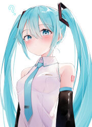 Rule 34 | 1girl, 200f (nifu), ?, absurdres, aqua hair, black sleeves, blue eyes, blue necktie, detached sleeves, grey shirt, hatsune miku, highres, long hair, looking at viewer, necktie, shirt, simple background, sleeveless, sleeveless shirt, solo, twintails, upper body, vocaloid, white background