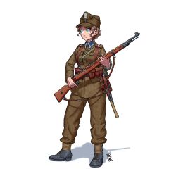 Rule 34 | 1girl, absurdres, ammunition pouch, belt, brown hair, collar tabs, entrenching tool, full body, gun, gun sling, hat, highres, holding, holding gun, holding weapon, long sleeves, military, military hat, military uniform, original, ostwindprojekt, pants, pants tucked in, pocket, poland, polish army, pouch, rifle, short hair, simple background, solo, uniform, weapon, white background, world war ii
