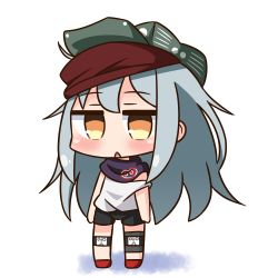 Rule 34 | 1girl, :&lt;, bike shorts, black shorts, blush, brown eyes, chibi, commentary request, flat cap, full body, g11 (girls&#039; frontline), girls&#039; frontline, green hat, hair between eyes, hana kazari, hat, long hair, looking at viewer, parted lips, red footwear, shirt, short shorts, shorts, silver hair, solo, standing, strap slip, tank top, triangle mouth, very long hair, white background, white shirt