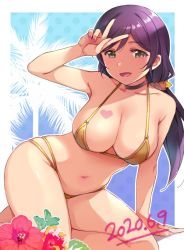Rule 34 | 1girl, aqua eyes, arm support, bikini, breasts, choker, cleavage, commentary request, curvy, dated, duke (inu daimyou), flower, green eyes, halterneck, hand up, heart, kneeling, large breasts, long hair, love live!, love live! school idol project, low-tied long hair, low twintails, navel, orange scrunchie, purple hair, scrunchie, sitting, stomach, string bikini, swimsuit, thighs, tojo nozomi, twintails, v, yellow bikini
