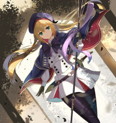 Rule 34 | 1girl, artoria caster (fate), artoria caster (second ascension) (fate), artoria pendragon (fate), belt, blonde hair, blue belt, blue cape, blue capelet, blue headwear, breasts, cape, capelet, fate/grand order, fate (series), gloves, green eyes, highres, holding, holding staff, inari (ambercrown), long hair, long sleeves, looking at viewer, multicolored cape, multicolored capelet, multicolored clothes, o-ring, o-ring belt, pantyhose, staff