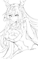 Rule 34 | 1girl, breast cutout, breasts, cleavage, cleavage cutout, clothing cutout, dragon girl, dragon horns, draph, dress, granblue fantasy, hair ornament, highres, horn ornament, horns, large breasts, leotard, lineart, long hair, looking at viewer, mole, mole under mouth, navel, navel cutout, payila (granblue fantasy), pdbgat, pelvic curtain, pointy ears, see-through, see-through dress, solo, stomach cutout, tassel, tassel hair ornament, thick thighs, thighs, very long hair, white background