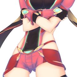 Rule 34 | 1girl, breasts, cat with a brush, close-up, commentary request, covered navel, covering privates, covering breasts, fingerless gloves, gloves, gluteal fold, hands up, hip focus, jewelry, large breasts, midriff, navel, out of frame, pyra (xenoblade), short shorts, shorts, skindentation, stomach, stomach day, white background, xenoblade chronicles (series), xenoblade chronicles 2