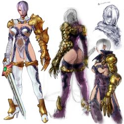 Rule 34 | 1girl, armor, ass, breasts, cleavage, gauntlets, high heels, huge breasts, isabella valentine, leather, legs, leotard, lips, long legs, official art, shoes, short hair, sketch, soul calibur, soulcalibur, soulcalibur iii, sword, thighhighs, thighs, thong leotard, weapon, white hair