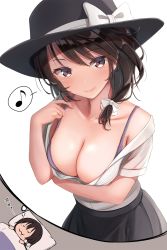 Rule 34 | 1girl, :3, arm under breasts, bare shoulders, black hat, black skirt, blanket, blush, bow, bra, breasts, brown eyes, brown hair, cleavage, closed eyes, closed mouth, collarbone, commentary request, dreaming, drooling, fedora, fumei (mugendai), hand up, hat, hat bow, highres, large breasts, long hair, looking at viewer, musical note, off shoulder, pillow, purple bra, shirt, skirt, sleeping, smile, solo, spoken musical note, touhou, u u, underwear, usami renko, white bow, white shirt