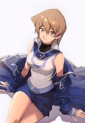 Rule 34 | 1girl, aoki (fumomo), arm support, bare shoulders, blonde hair, blue coat, blue skirt, brown eyes, buttons, coat, duel academy uniform (yu-gi-oh! gx), fingernails, gloves, highres, long hair, looking at viewer, miniskirt, off shoulder, open mouth, shadow, shiny skin, simple background, sitting, skirt, sleeveless, solo, tenjouin asuka, turtleneck, yu-gi-oh!, yu-gi-oh! gx
