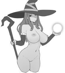 Rule 34 | 1girl, breasts, cleft of venus, donburi (donburikazoku), hat, highres, large breasts, long hair, monotone, nipples, nude, pussy, sorceress (dragon&#039;s crown), standing, witch hat