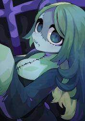 Rule 34 | 1girl, blue eyes, blue skin, colored skin, female focus, gradient hair, green hair, highres, long hair, monster girl, multicolored hair, original, sleeves past wrists, solo, stitched mouth, stitches, utatatata913, zombie, zombie girl