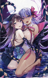 Rule 34 | 2girls, ass, back, bare shoulders, bb (fate), bb (fate) (all), bb (swimsuit mooncancer) (fate), bb (swimsuit mooncancer) (third ascension) (fate), black coat, black dress, black gloves, black headwear, blue eyes, blunt bangs, blush, breasts, center opening, coat, dark-skinned female, dark skin, dress, elbow gloves, fate/grand order, fate (series), gloves, hair ornament, hair ribbon, highleg, highleg leotard, highres, hutuu1121, hutuu (1121), large breasts, leaf hair ornament, leotard, long hair, looking at viewer, multiple girls, neck ribbon, open clothes, open coat, open mouth, popped collar, purple eyes, purple hair, red ribbon, ribbon, smile, tan, tentacles, thighs, very long hair, water, white gloves, white leotard, yang guifei (fate), yang guifei (third ascension) (fate)