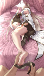 Rule 34 | 1boy, 1girl, artist request, ass, bare shoulders, barefoot, bed, bike shorts, breasts, brown hair, china dress, chinese clothes, dress, drunk, foot focus, foreshortening, from below, genshin impact, hair ornament, hairpin, high heels, highres, long hair, lying, medium breasts, ningguang (genshin impact), on side, pelvic curtain, platinum blonde hair, pov, shiny clothes, shiny skin, sideboob, sleeping, soles, solo focus, very long hair, yonoki