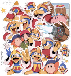 Rule 34 | ..., ^ ^, adeleine, angry, arm up, bandana, bandana waddle dee, bendedede, beret, blue bandana, blue eyes, blush, brown eyes, brown hair, bulging eyes, character name, clenched teeth, closed eyes, closed mouth, commentary, copy ability, energy gun, english commentary, faceplant, fallen down, forced smile, fur-trimmed jacket, fur trim, green shirt, grin, hachimaki, hair ornament, hairclip, hammer, hammer kirby, hat, headband, highres, holding, holding hammer, jacket, jitome, jumping, king dedede, kirby, kirby (series), laughing, long sleeves, looking at viewer, mouth pull, multiple views, nejiri hachimaki, nintendo, no headwear, one eye closed, open mouth, parted bangs, red headwear, red jacket, shirt, short hair, short sleeves, simple background, smile, smirk, star (symbol), sweat, sweatdrop, tears, teeth, tongue, upper body, upper teeth only, v, v-shaped eyebrows, weapon, white background, wide-eyed