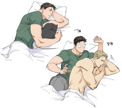 Rule 34 | 2boys, albert wesker, animal, bara, bed, black cat, cat, chris redfield, closed eyes, green shirt, grey pants, looking at another, lying, male focus, multiple boys, muscular, muscular male, on bed, on side, pants, pillow, resident evil, resident evil 1, shirt, sleeping, tatsumi (psmhbpiuczn), topless male, translation request, yaoi