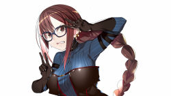Rule 34 | 1girl, black-framed eyewear, black dress, black gloves, blue bodysuit, bodysuit, bodysuit under clothes, breasts, brown eyes, brown hair, clenched teeth, commentary request, double v, dress, earrings, fate/grand order, fate (series), glasses, gloves, jewelry, large breasts, long hair, looking at viewer, multiple earrings, simple background, solo, striped bodysuit, tears, teeth, toranpo rintarou, upper body, v, very long hair, white background, yu mei-ren (fate), yu mei-ren (first ascension) (fate)