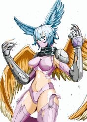 Rule 34 | 1girl, absurdres, arm warmers, bikini, black scarf, blue eyes, blue hair, blue nails, boots, breasts, claws, commentary request, covered mouth, cowboy shot, digimon, digimon (creature), facial mark, feathered wings, fingernails, garter straps, gauntlets, hair between eyes, hair wings, hands up, highres, long fingernails, long hair, looking at viewer, mask, medium breasts, mouth mask, navel, ninja mask, partial commentary, purple bikini, sawa d, scarf, shoulder pads, shutumon, sidelocks, skindentation, solo, stomach, swimsuit, thigh boots, torn bikini, torn clothes, torn footwear, white background, wings