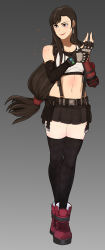 Rule 34 | 1girl, absurdres, black hair, black thighhighs, boots, brown eyes, cheese cat, crop top, dangle earrings, earrings, elbow pads, final fantasy, final fantasy vii, final fantasy vii remake, fingerless gloves, gloves, gradient background, highres, jewelry, long hair, low-tied long hair, midriff, navel, shirt, skirt, smile, solo, square enix, standing, suspender skirt, suspenders, tank top, taut clothes, taut shirt, thighhighs, tifa lockhart, undershirt, white tank top