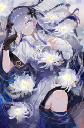 Rule 34 | 1girl, absurdres, asymmetrical sleeves, bright pupils, cevio, expressionless, fingerless gloves, flower on liquid, gloves, hair ornament, hair over one eye, hand up, highres, light blue eyes, long sleeves, looking at viewer, lying, on back, partially submerged, sekai (cevio), short sleeves, solo, uzuki 0420m, white hair, white pupils
