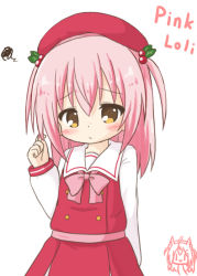 Rule 34 | 1girl, beret, blonde dog girl (ri-net), blush, bow, brown eyes, character name, closed mouth, dress, hair between eyes, hair bobbles, hair ornament, hand up, hat, long hair, long sleeves, original, pink bow, pink hair, pink loli (rinechun), pleated dress, red dress, red hat, ri-net, school uniform, shirt, simple background, sleeveless, sleeveless dress, sleeves past wrists, solo, squiggle, two side up, white background, white shirt