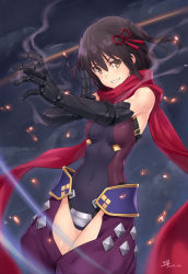 Rule 34 | 1girl, :d, alternate costume, artist name, bare shoulders, black gloves, breasts, brown eyes, brown hair, commentary request, covered navel, cowboy shot, crotchless, crotchless pants, dan (kumadan), dated, doll joints, elbow gloves, fate (series), gloves, glowing, grin, hair between eyes, hair ribbon, highres, joints, kantai collection, katou danzou (fate), looking at viewer, looking back, medium breasts, open mouth, outstretched arm, pants, parody, red ribbon, red scarf, ribbon, scarf, sendai (kancolle), short hair, signature, skin tight, smile, smoke, solo, standing, teeth, two side up, v-shaped eyebrows
