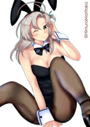 Rule 34 | 1girl, absurdres, animal ears, bare shoulders, black bow, black bowtie, black leotard, bow, bowtie, breasts, cleavage, closed mouth, detached collar, fake animal ears, fishnet pantyhose, fishnets, highres, himura moritaka, kantai collection, kinugasa (kancolle), leotard, looking at viewer, medium breasts, medium hair, on ground, one eye closed, pantyhose, pink hair, playboy bunny, simple background, smile, solo, twitter username, white background, wrist cuffs